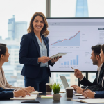 A smiling woman in a suit presents charts to colleagues in a modern, high-rise city office