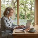 Woman in headphones working on a laptop in a serene home office with large windows overlooking a garden