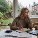 Woman at home looking at her laptop while in her study area
